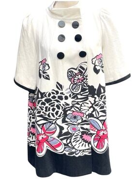 Anna Sui White/Black/Pink Embroidered Floral Short Sleeve Swing Coat (6)